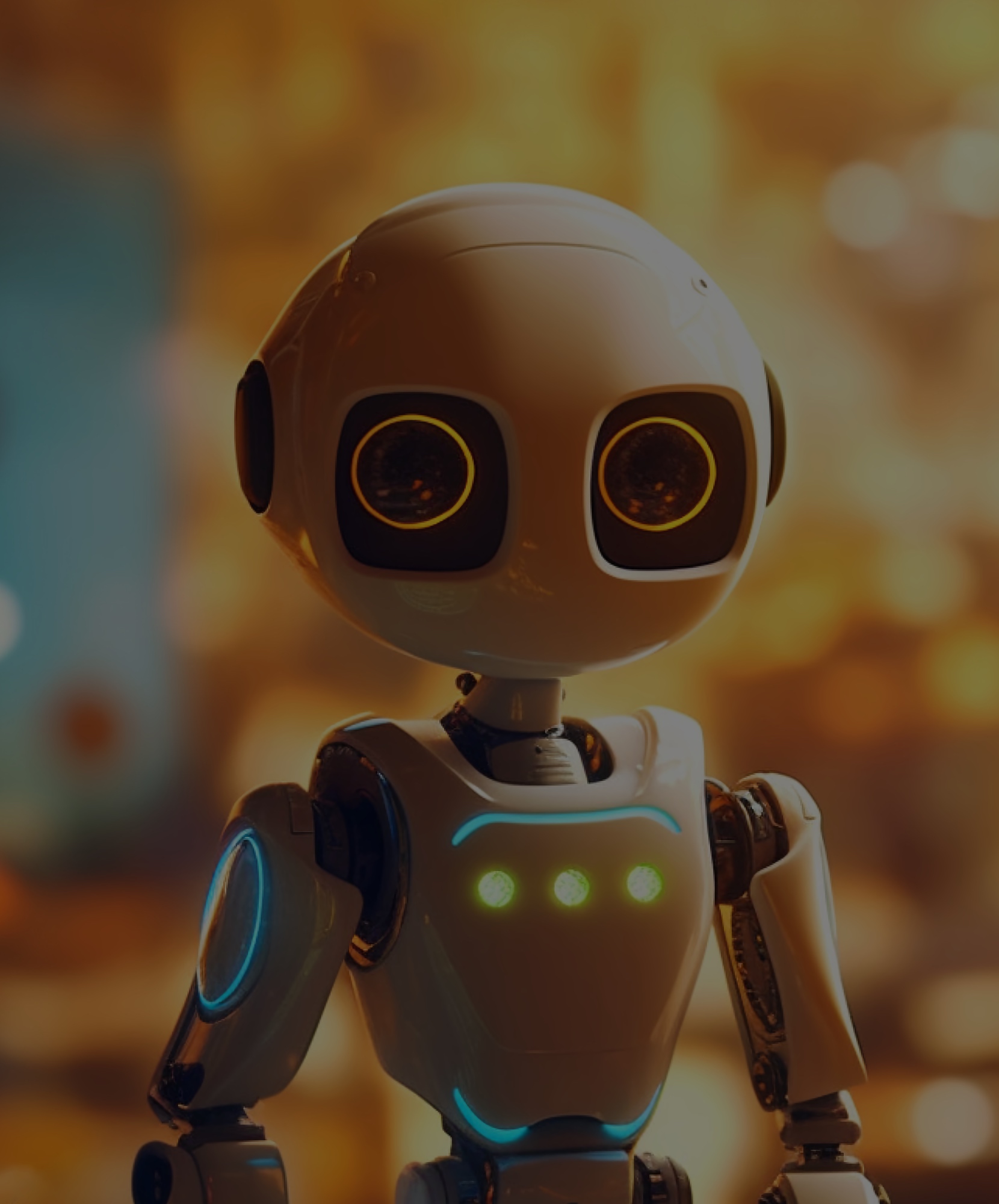 A cute animation of an A.I. robot in a modern office during golden hour.