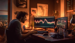 a photo of an angry young man in front of his computer looking at the stock market charts on the computer screen in a clean beautiful modern bedroom golden hour god rays volumetric lighting