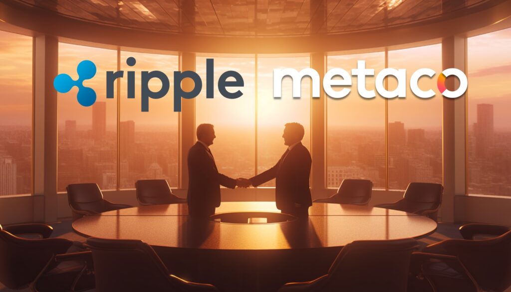 Crypto Block Daily - a photo of two executives in business suits shaking hands in a futuristic board room office golden hour god rays volumetric lighting