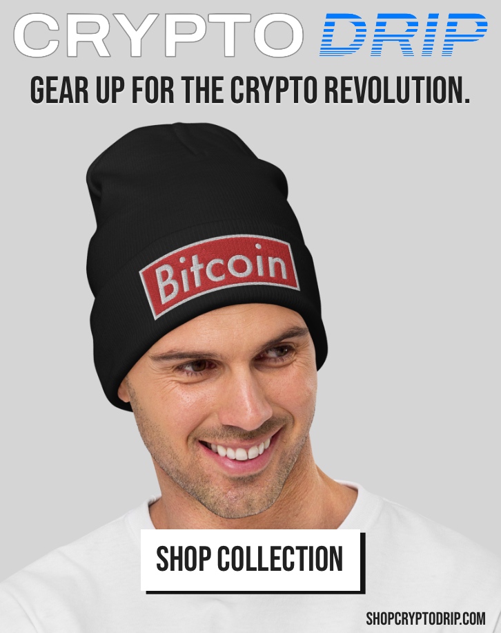 a banner image with models wearing cryptocurrency related apparel.